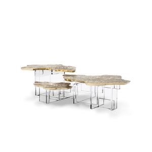 Table basse contemporaine à base acrylique, dessus en laiton moulé, table centrale Monet